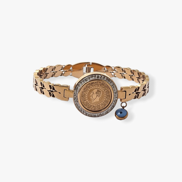 Rosegold Printed Strap Watch With Minimal Dial Design Along with Evil Eye Bracelet